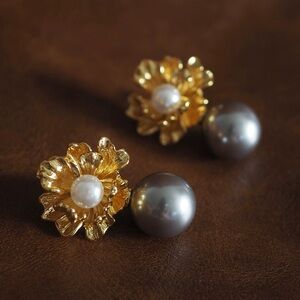 Elegant Gold and Silver Floral Pearl Earrings